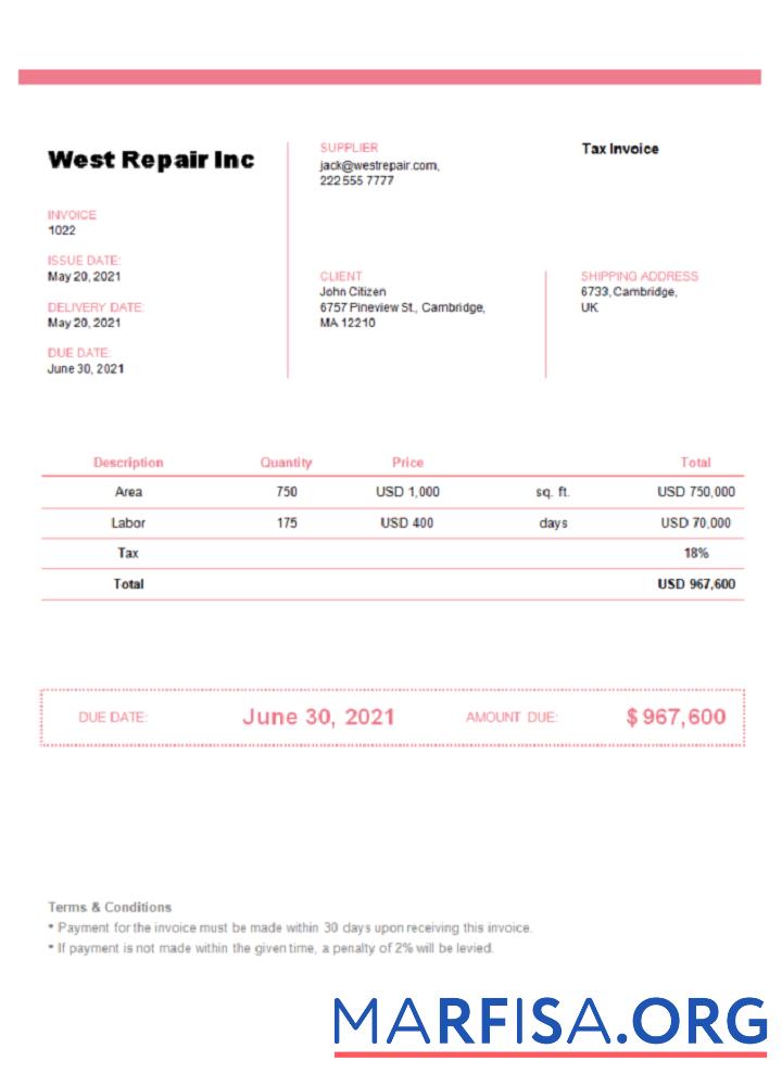 Blank United Kingdom West Repair Inc invoice template